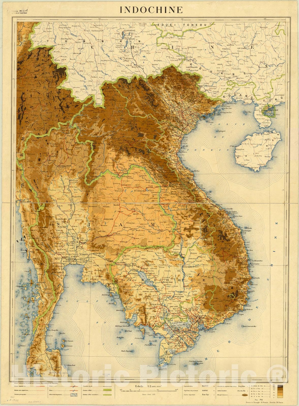 Map : Indochina 1928, Indochine , Antique Vintage Reproduction