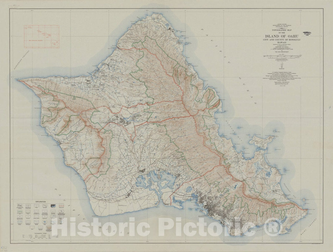 Map : Oahu, Hawaii 1938, Topographic map of the Island of Oahu : city and county of Honolulu, Hawaii , Antique Vintage Reproduction