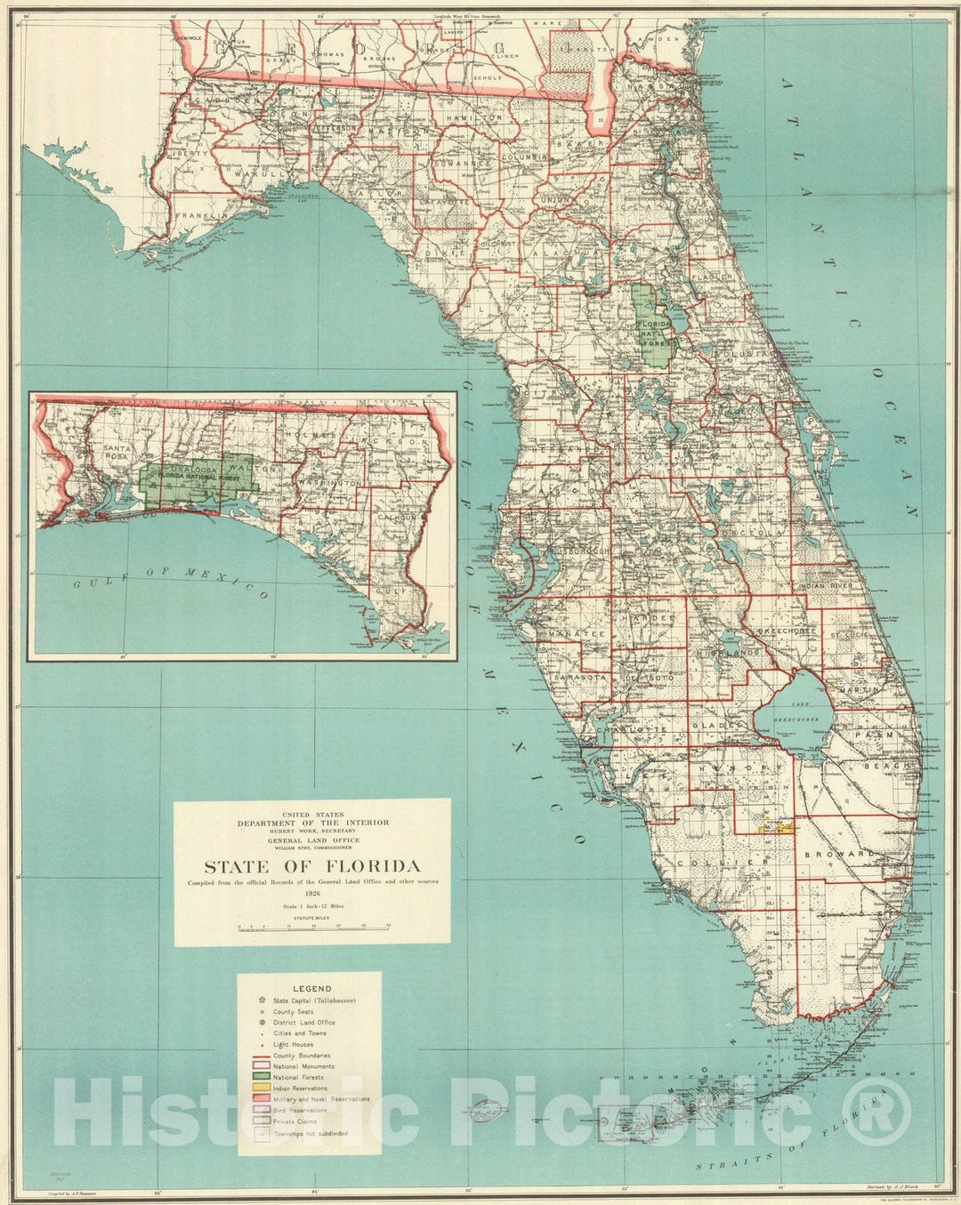 Map : Florida 1926, State of Florida , Antique Vintage Reproduction