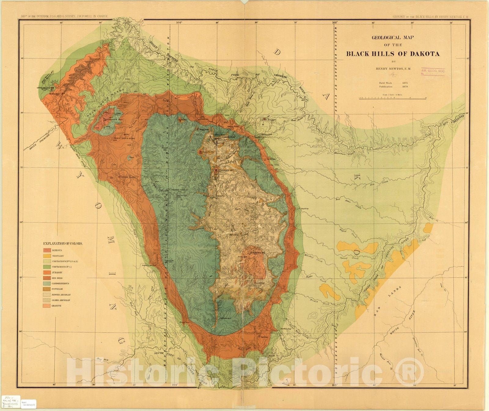 Map : Black Hills, South Dakota and Wyoming 1879 , Geological map of the Black Hills of Dakota , Antique Vintage Reproduction