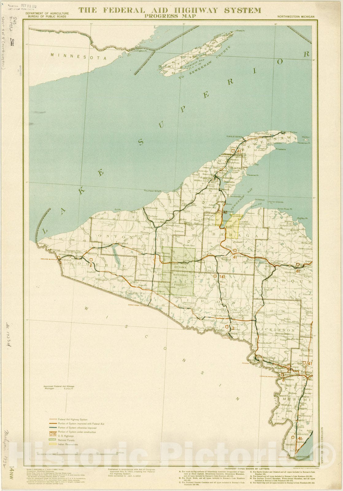 Map : Upper Peninsula, Michigan 1932, The federal aid highway system progress map, ... Michigan, Antique Vintage Reproduction