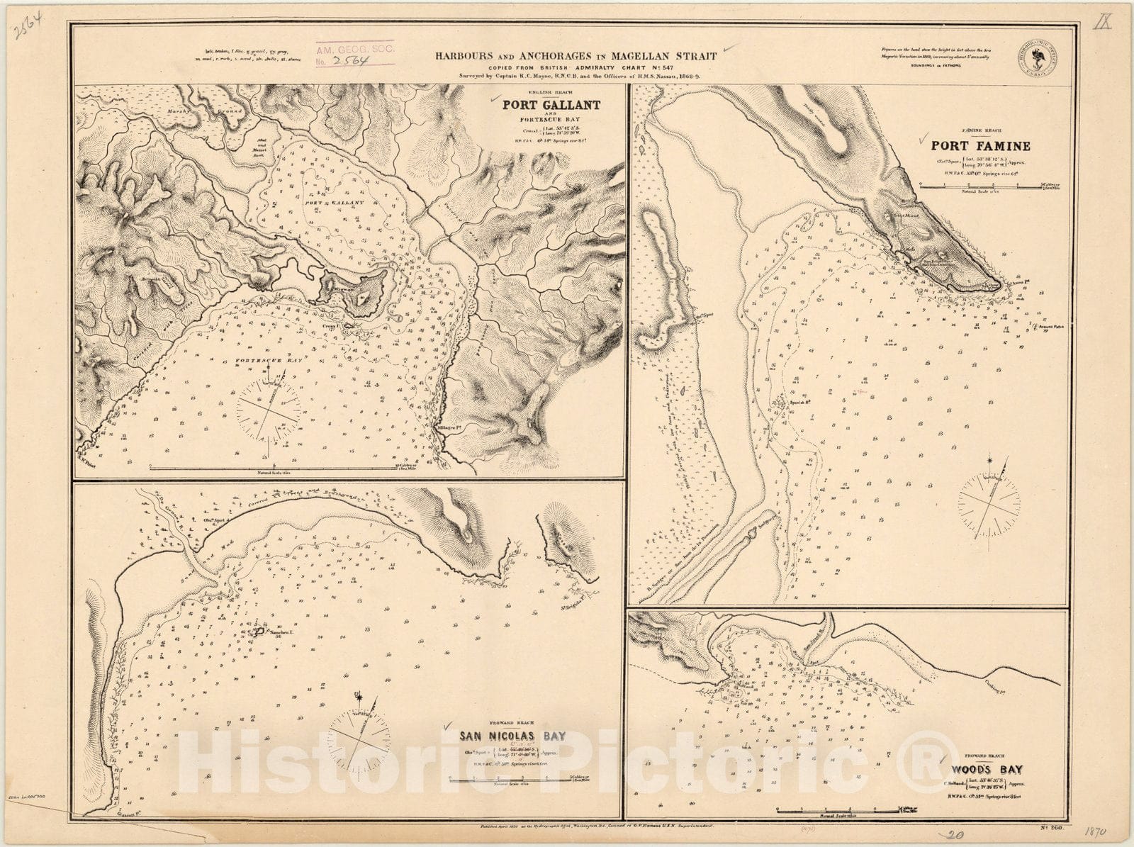 Map : Magellan Strait, South America 1869, Harbours and anchorages in Magellan Strait , Antique Vintage Reproduction