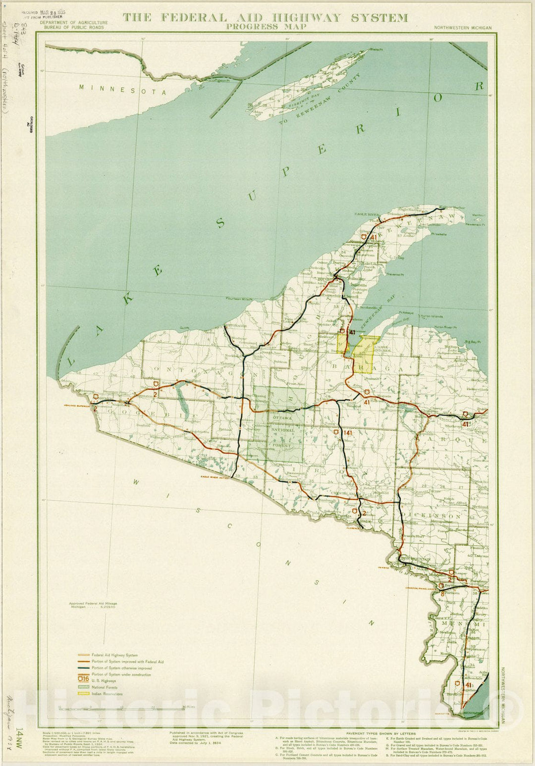 Map : Upper Peninsula, Michigan 1934, The federal aid highway system progress map, ... Michigan, Antique Vintage Reproduction