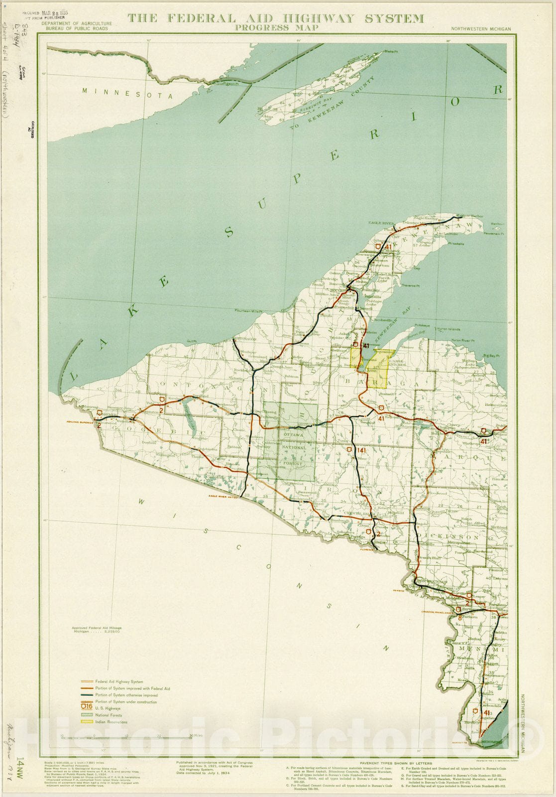 Map : Upper Peninsula, Michigan 1934, The federal aid highway system progress map, ... Michigan, Antique Vintage Reproduction