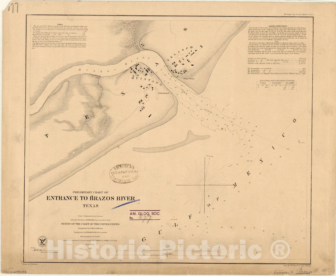 Map : Brazos River, Texas 1858, Preliminary chart of entrance to Brazos River, Texas , Antique Vintage Reproduction