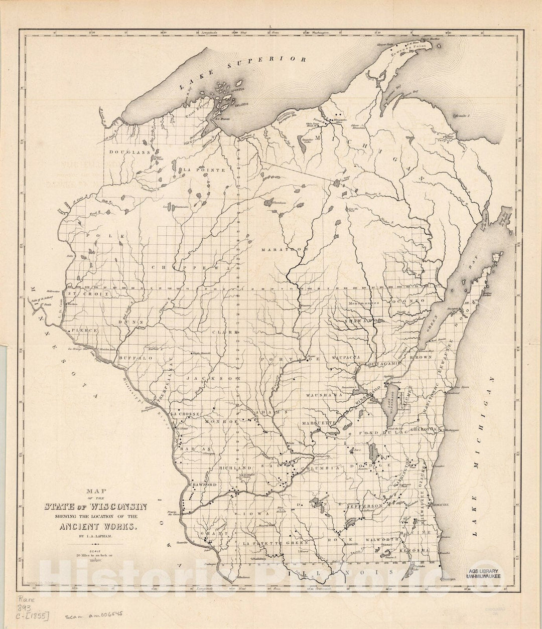 Map : Wisconsin 1855, Map of the State of Wisconsin shewing [sic] the location of the ancient works , Antique Vintage Reproduction