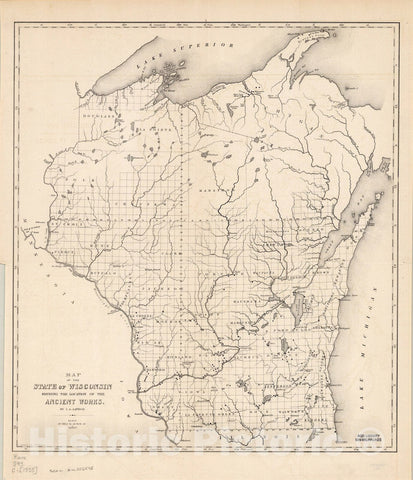 Map : Wisconsin 1855, Map of the State of Wisconsin shewing [sic] the location of the ancient works , Antique Vintage Reproduction