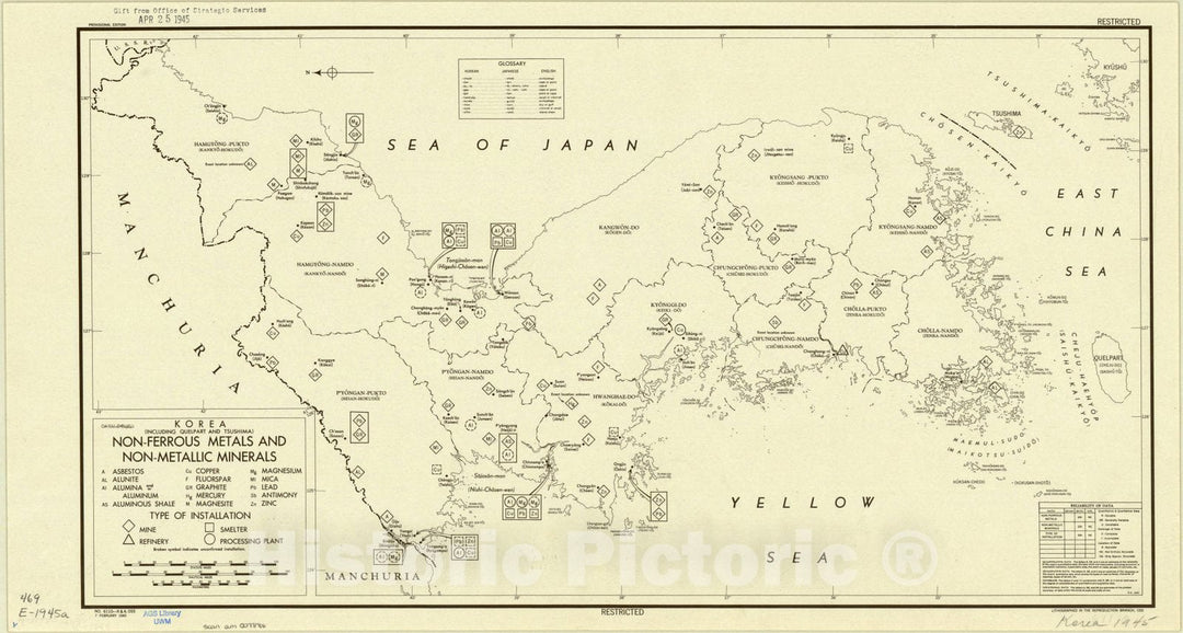 Map : Korea 1945, Korea (including Quelpart and Tsushima) : non-ferrous metals and non-metallic minerals , Antique Vintage Reproduction