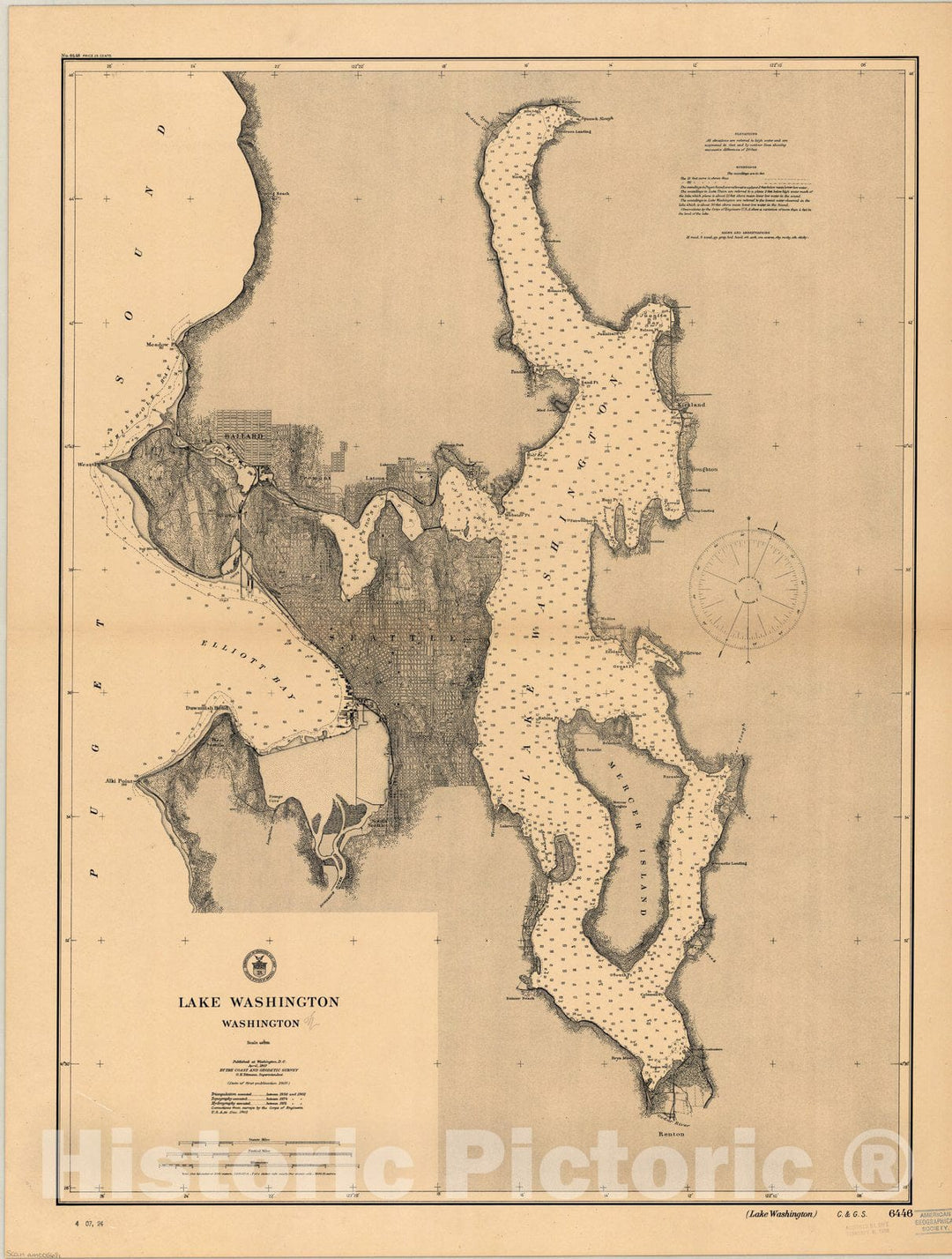 Map : Lake Washington 1907, Lake Washington, Washington , Antique Vintage Reproduction