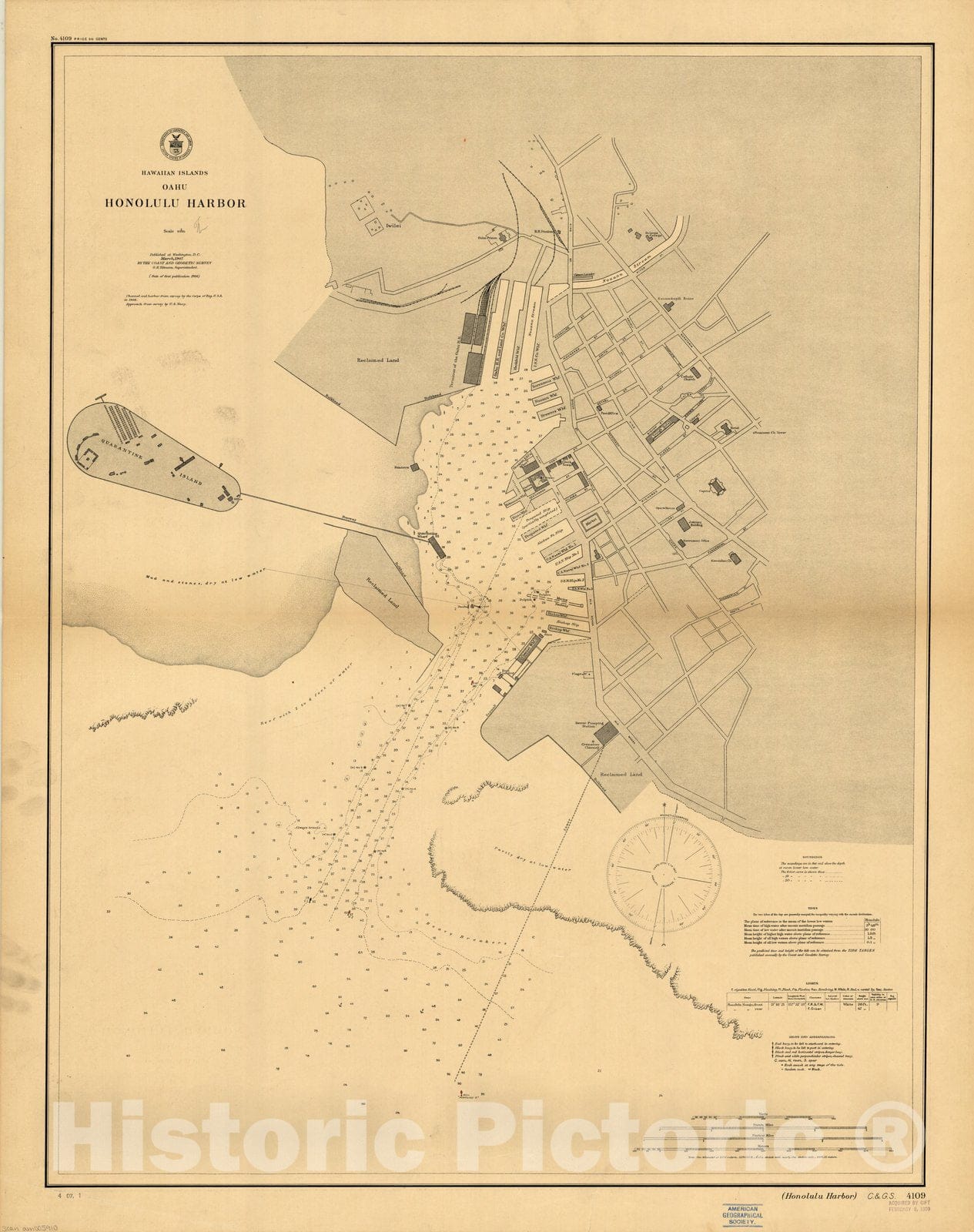 Map : Honolulu Harbor, Hawaii 1907, Hawaiian Islands, Oahu, Honolulu Harbor, Antique Vintage Reproduction