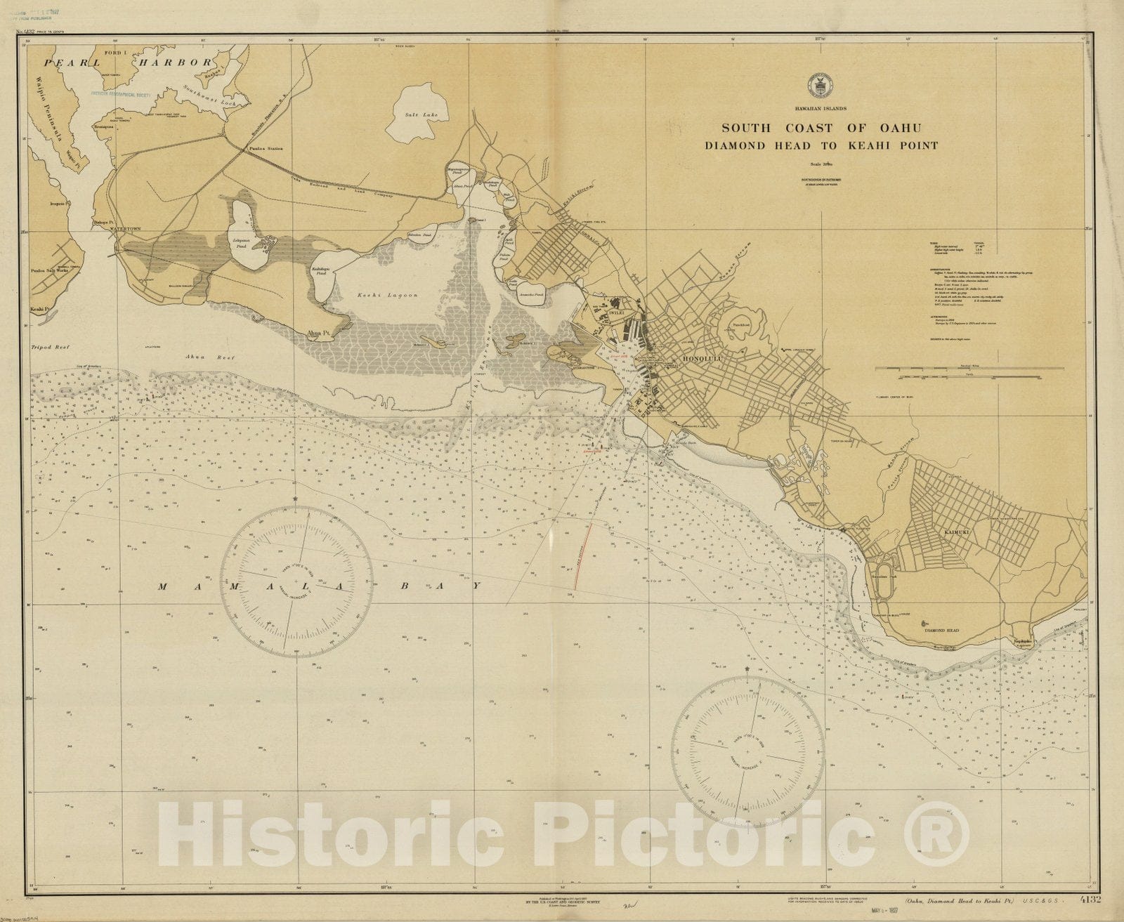 Map : Hawaii 1927, Hawaiian Islands, south coast of Oahu, Diamond Head to Keahi Point , Antique Vintage Reproduction