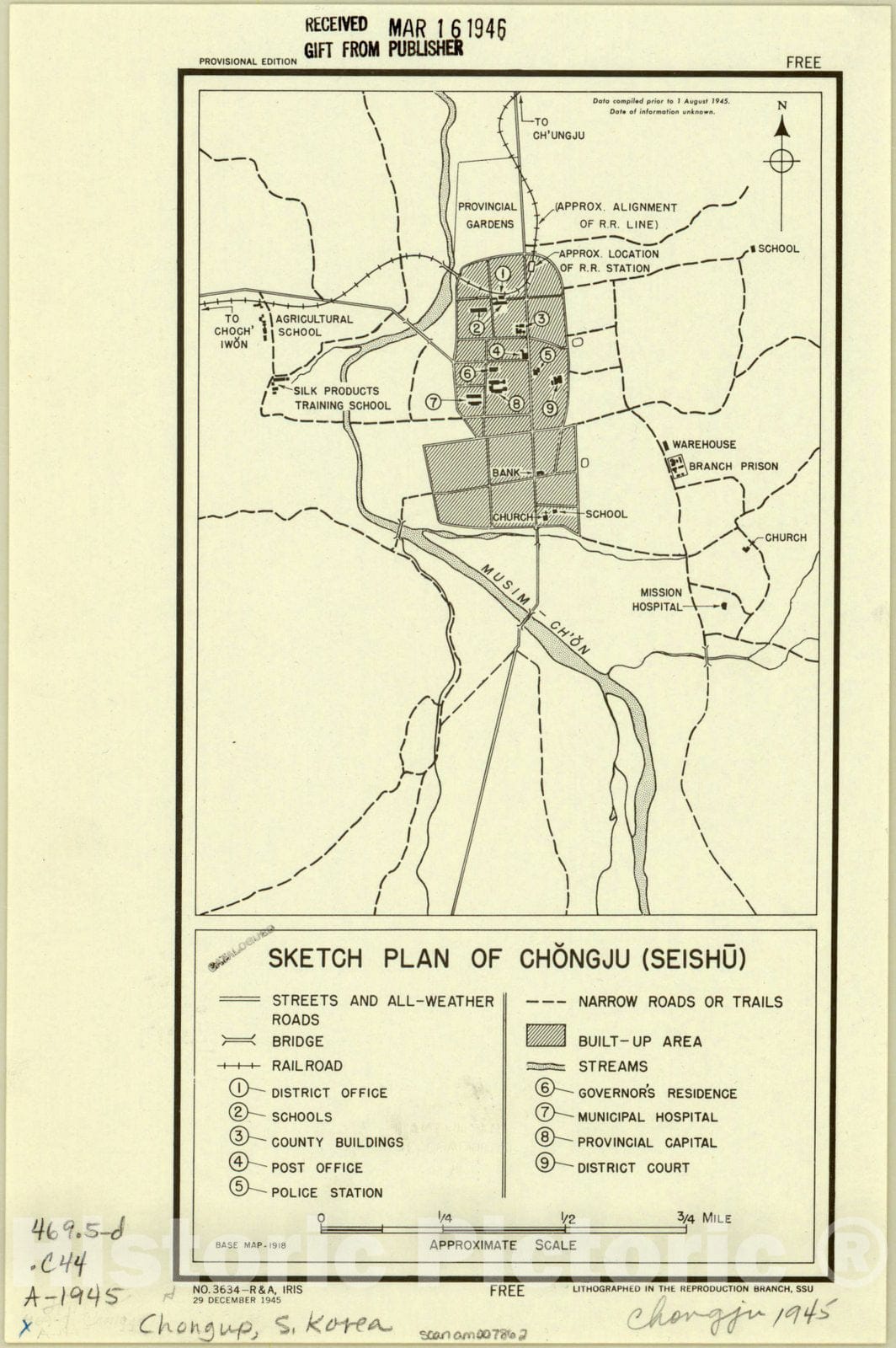 Map : Chongup, Korea 1945, Sketch plan of Chongju (Seishu)., Antique Vintage Reproduction