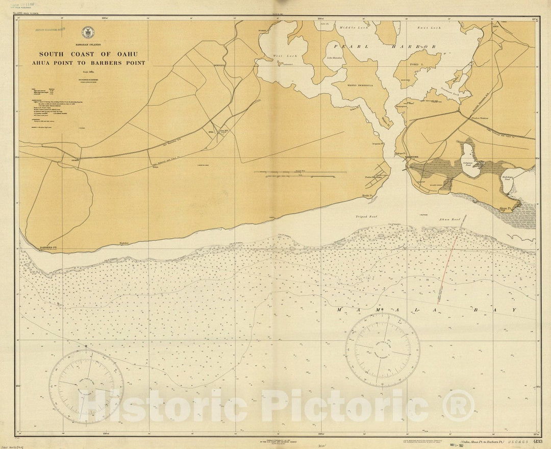 Map : Oahu, Hawaii 1927, Hawaiian Islands, south coast of Oahu, Ahua Point to Barbers Point , Antique Vintage Reproduction