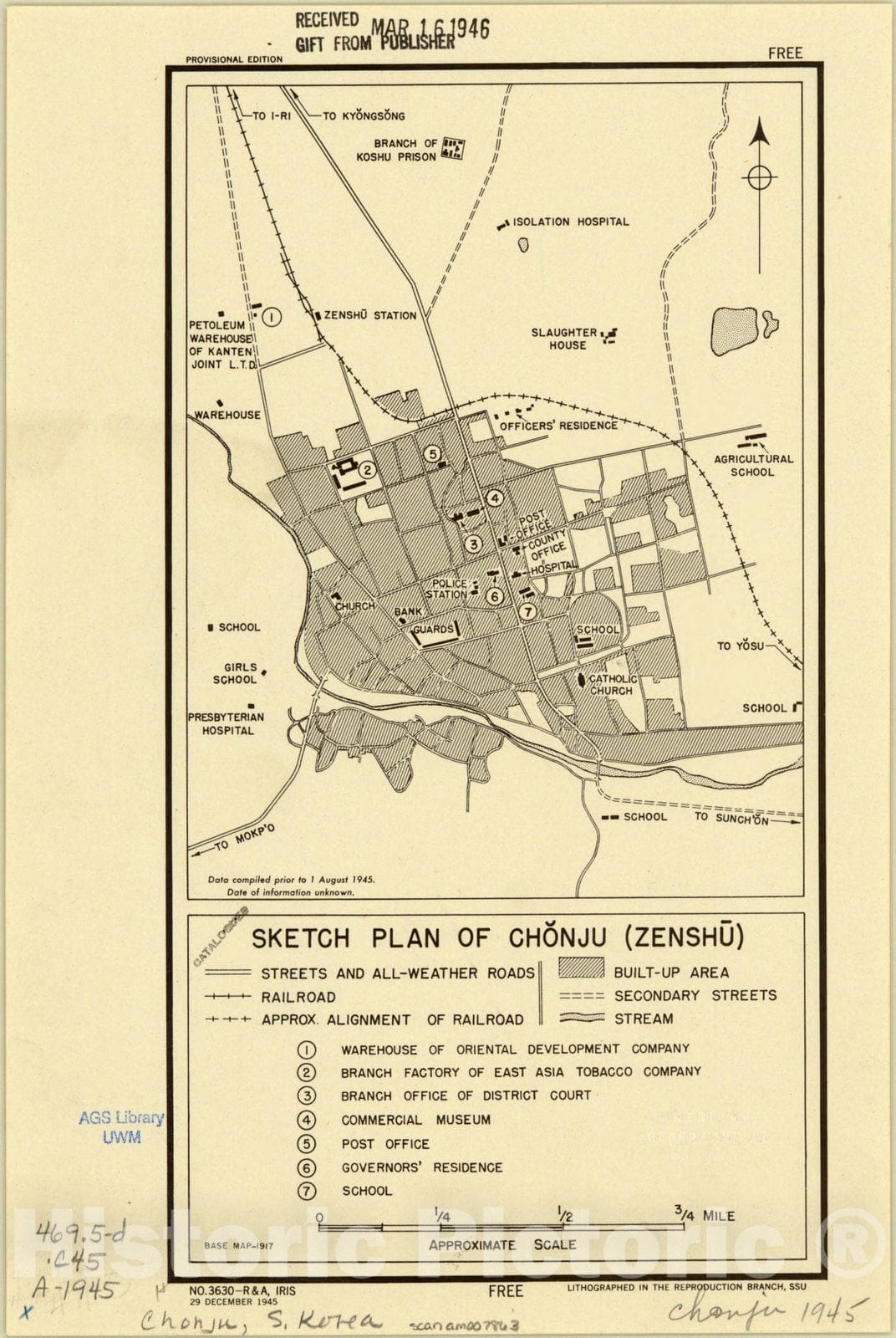 Map : Chonju-si, Korea 1945, Sketch plan of Chonju (Zenshu), Antique Vintage Reproduction