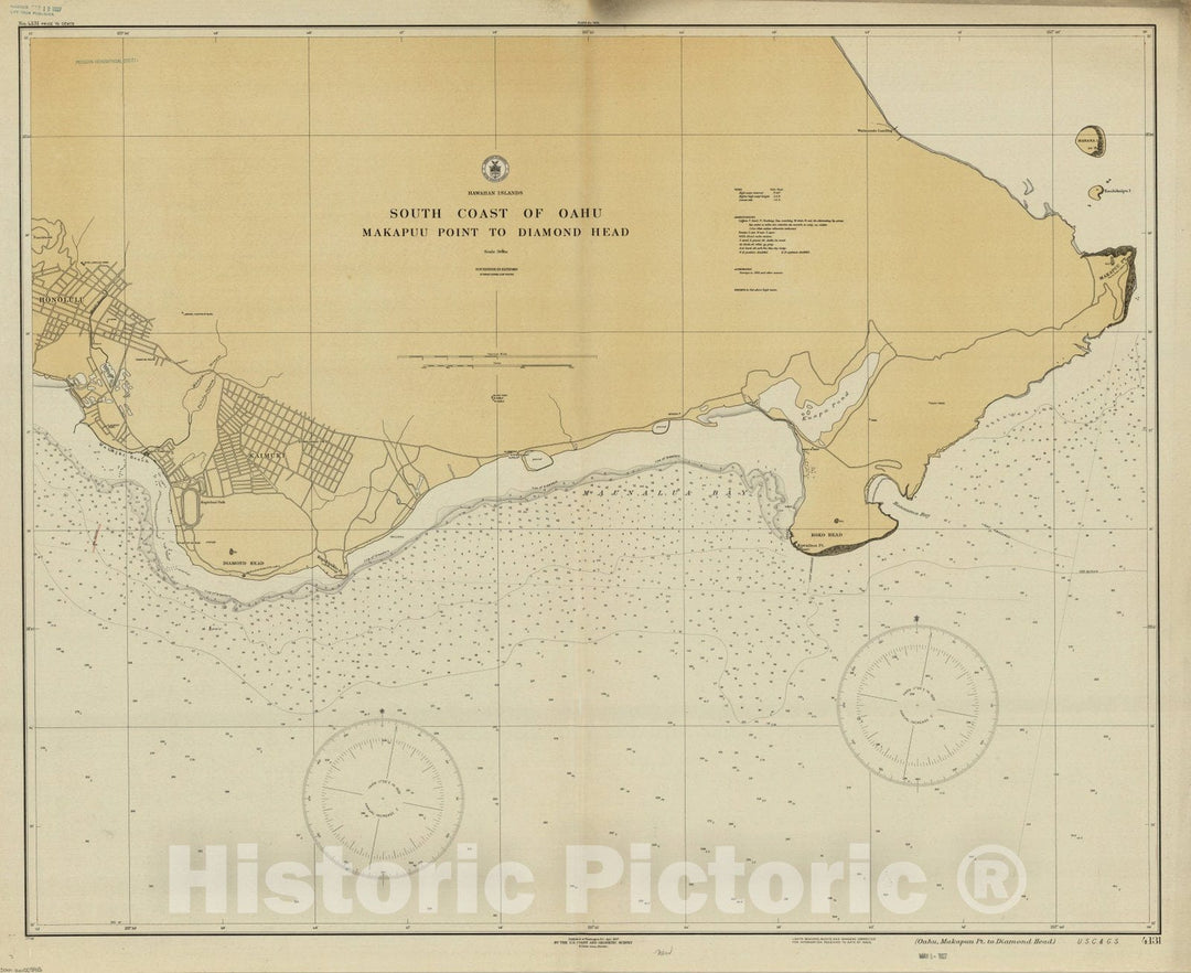 Map : Hawaii 1927, Hawaiian Islands, south coast of Oahu, Makapuu Point to Diamond Head , Antique Vintage Reproduction