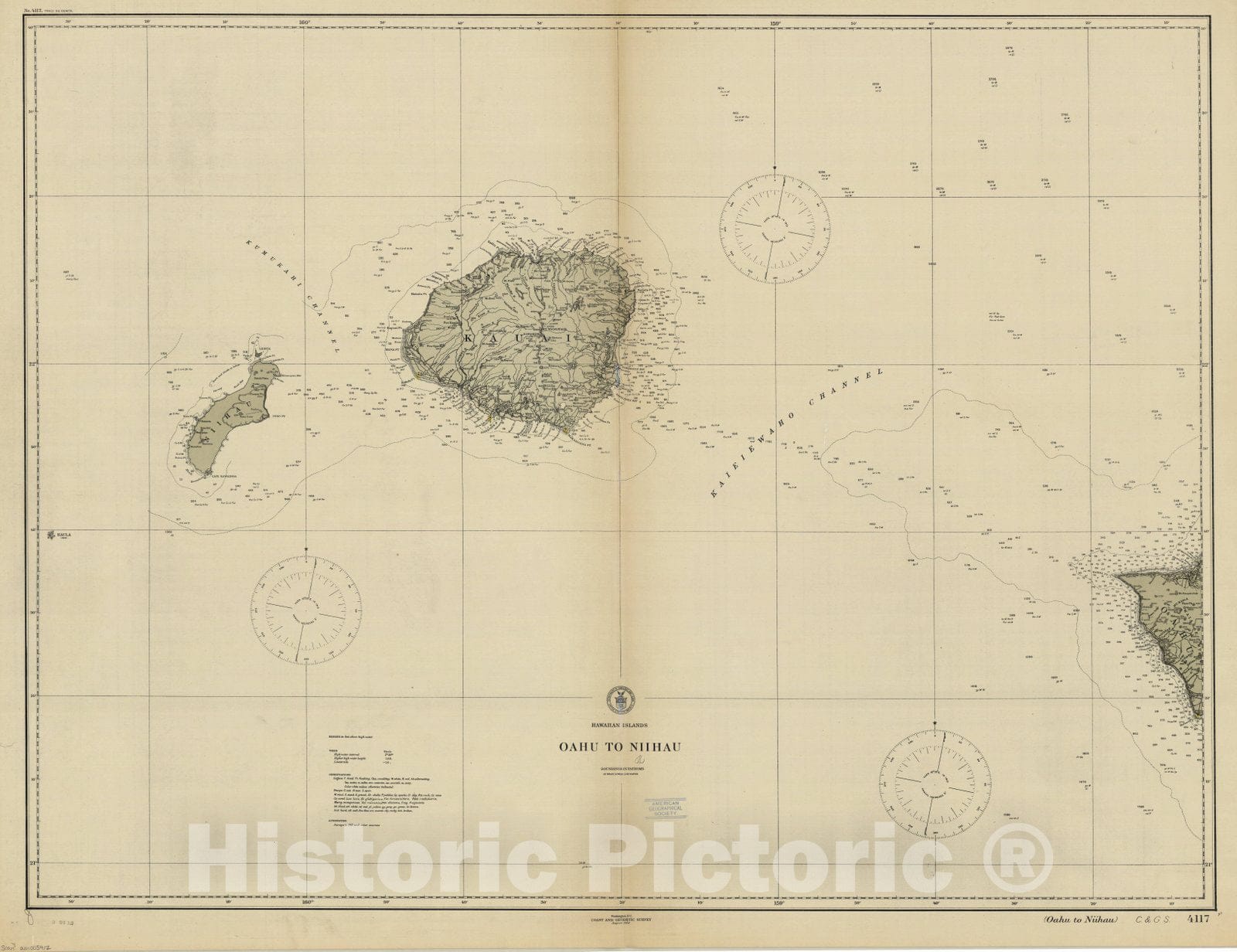 Map : Oahu to Niihau, Hawaii 1912, Hawaiian Islands, Oahu to Niihau, Antique Vintage Reproduction