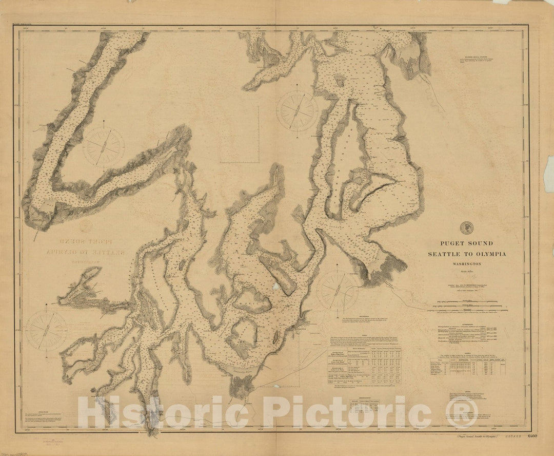 Map : Puget Sound, Washington 1891, Puget Sound : Seattle to Olympia, Washington, Antique Vintage Reproduction