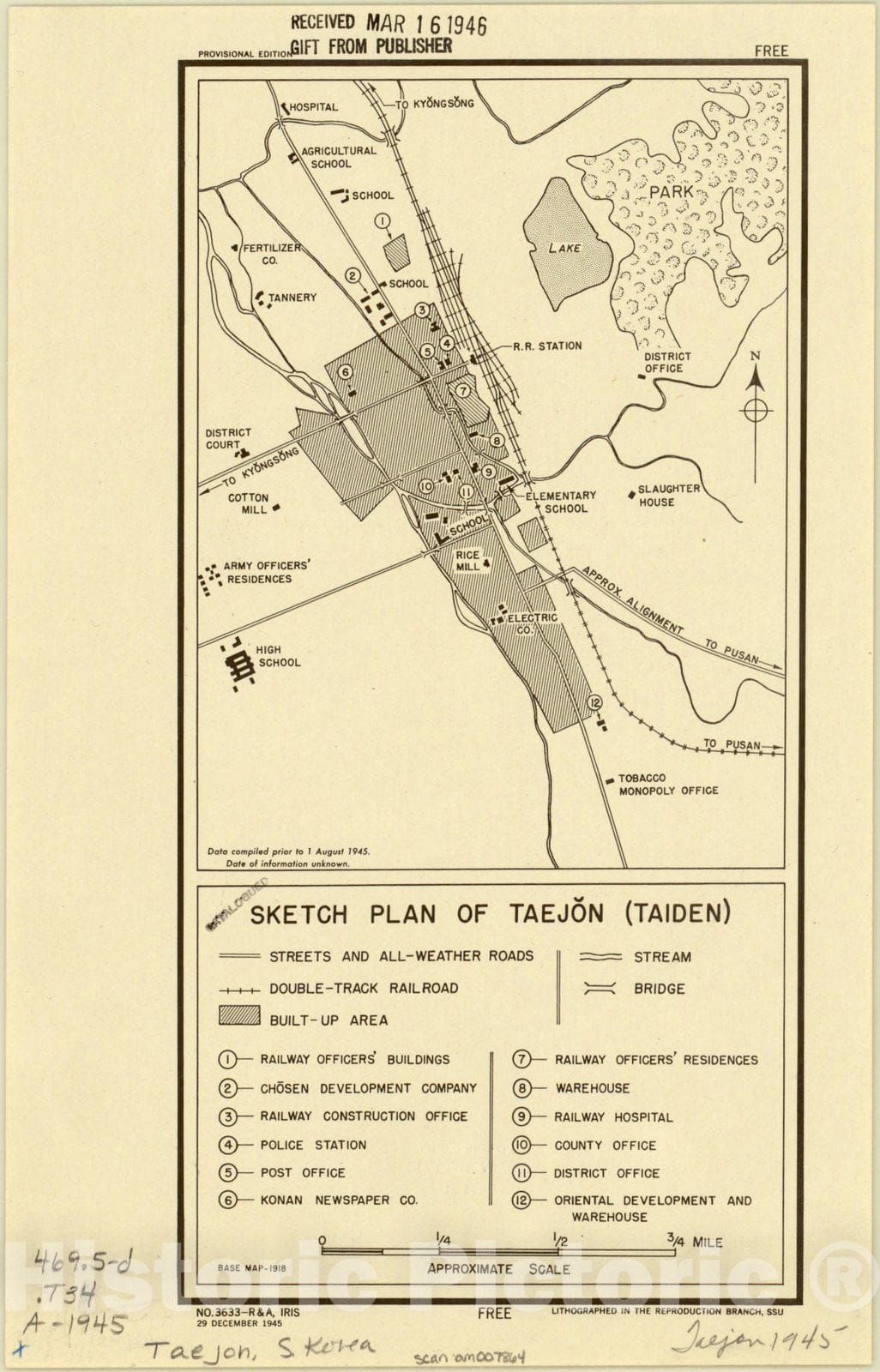 Map : Taejon-si, Korea 1945, Sketch plan of Taejon (Taiden), Antique Vintage Reproduction