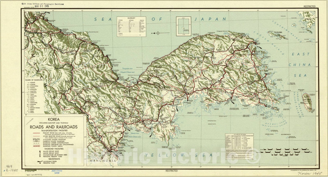 Map : Korea roads & railroads 1945, Korea (including Quelpart and Tsushima) roads and railroads , Antique Vintage Reproduction