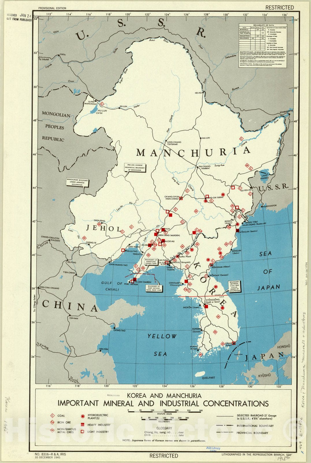 Map : Korea and Manchuria 1945, Korea and Manchuria : important mineral and industrial concentrations , Antique Vintage Reproduction