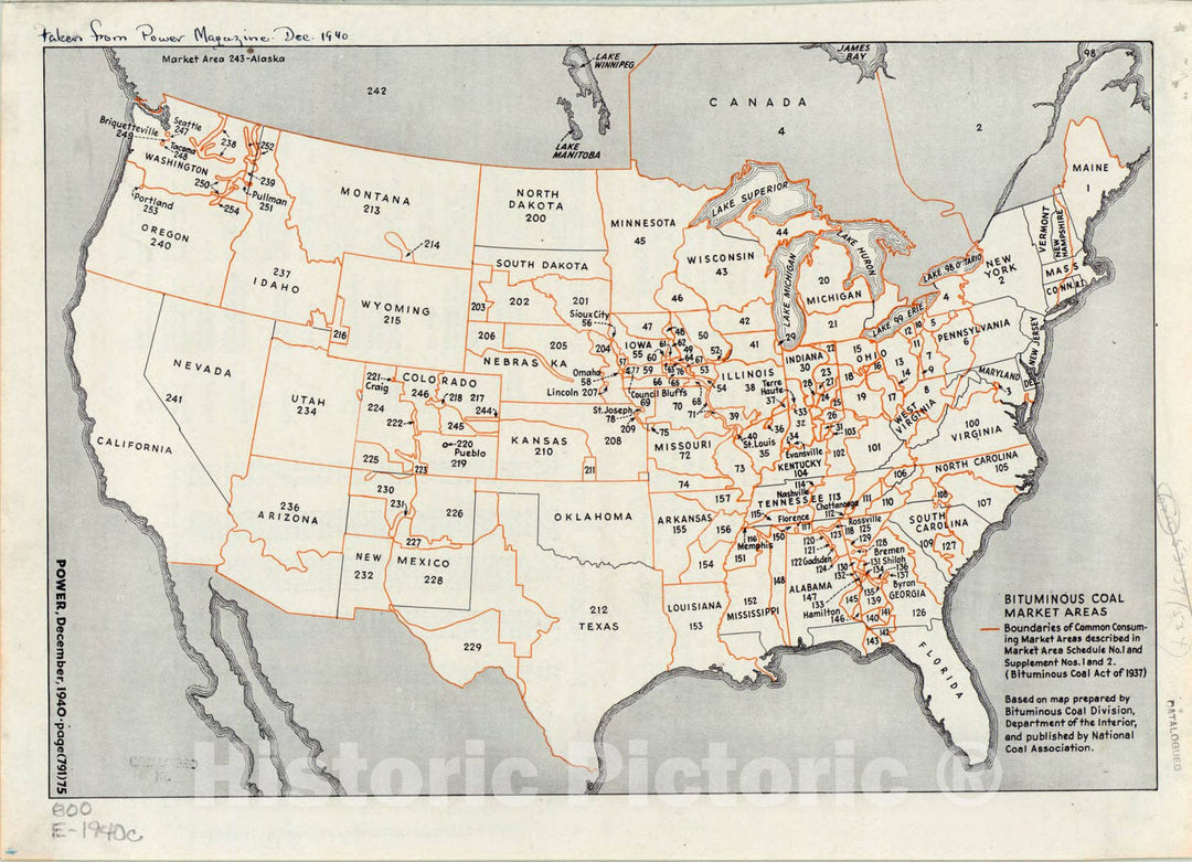 Map : United States 1940, Bituminous coal market areas, Antique Vintage Reproduction