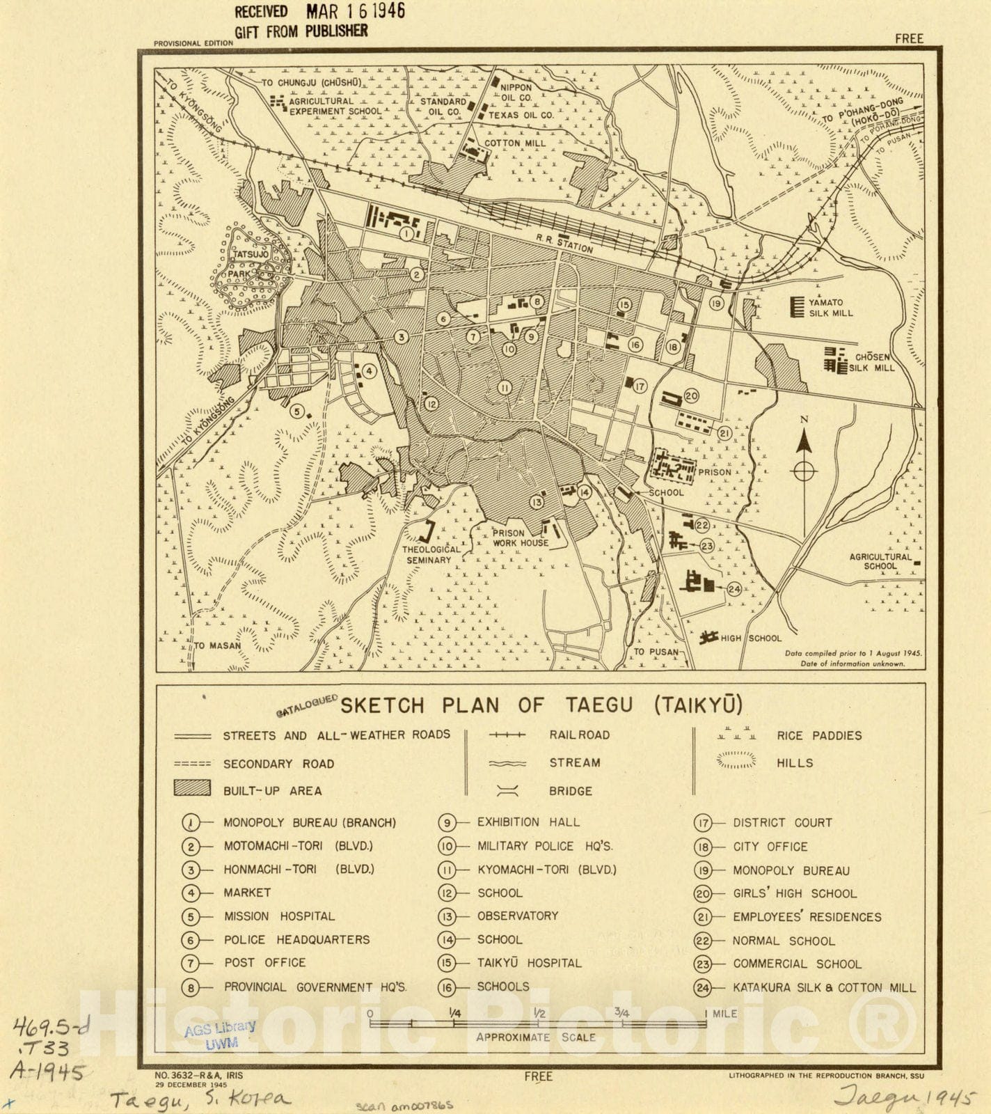 Map : Taegu, South Korea 1945, Sketch plan of Taegu (Taikyu) , Antique Vintage Reproduction