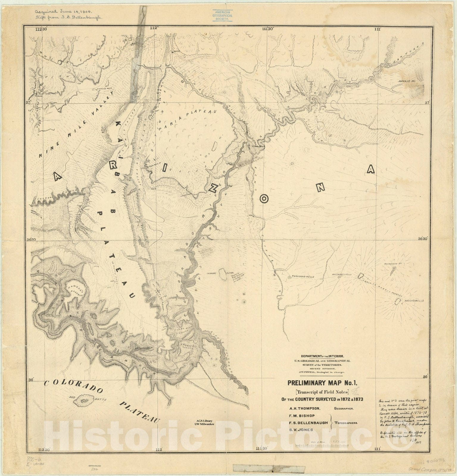 Map : Grand Canyon, Arizona 1873, Preliminary map no. 1 [transcript of field notes] of the country surveyed in 1872 & 1873, Antique Vintage Reproduction