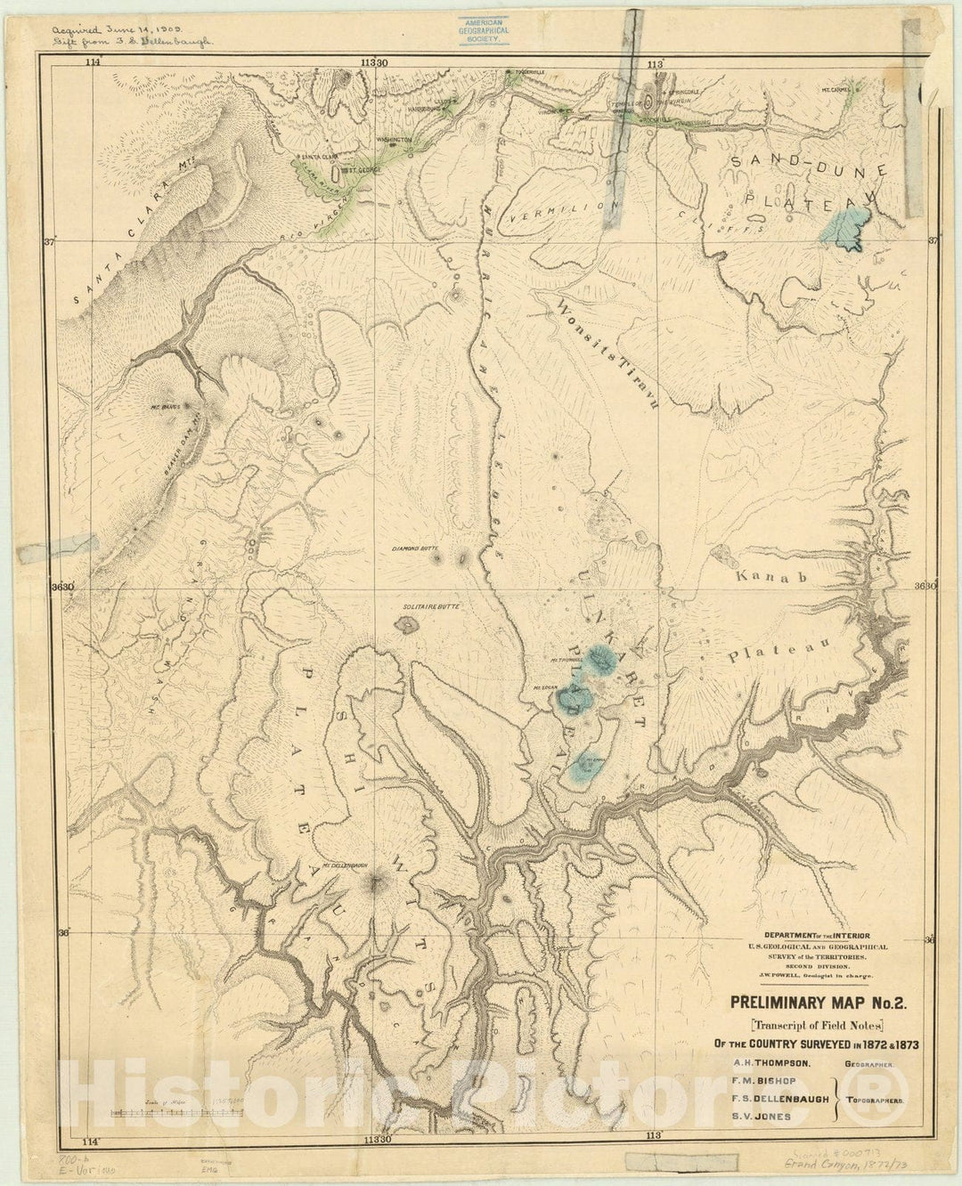 Map : Grand Canyon, Arizona 1873, Preliminary map no. 2 [transcript of field notes] of the country surveyed in 1872 and 1873 [Grand Canyon, Arizona]