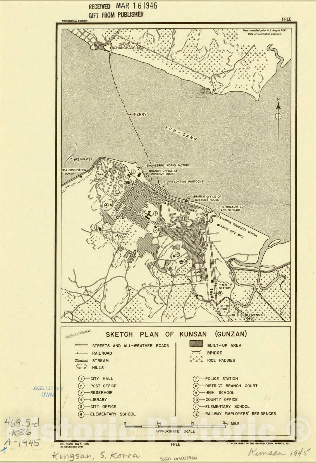 Map : Kunsan, South Korea 1945, Sketch plan of Kunsan (Gunzan) , Antique Vintage Reproduction