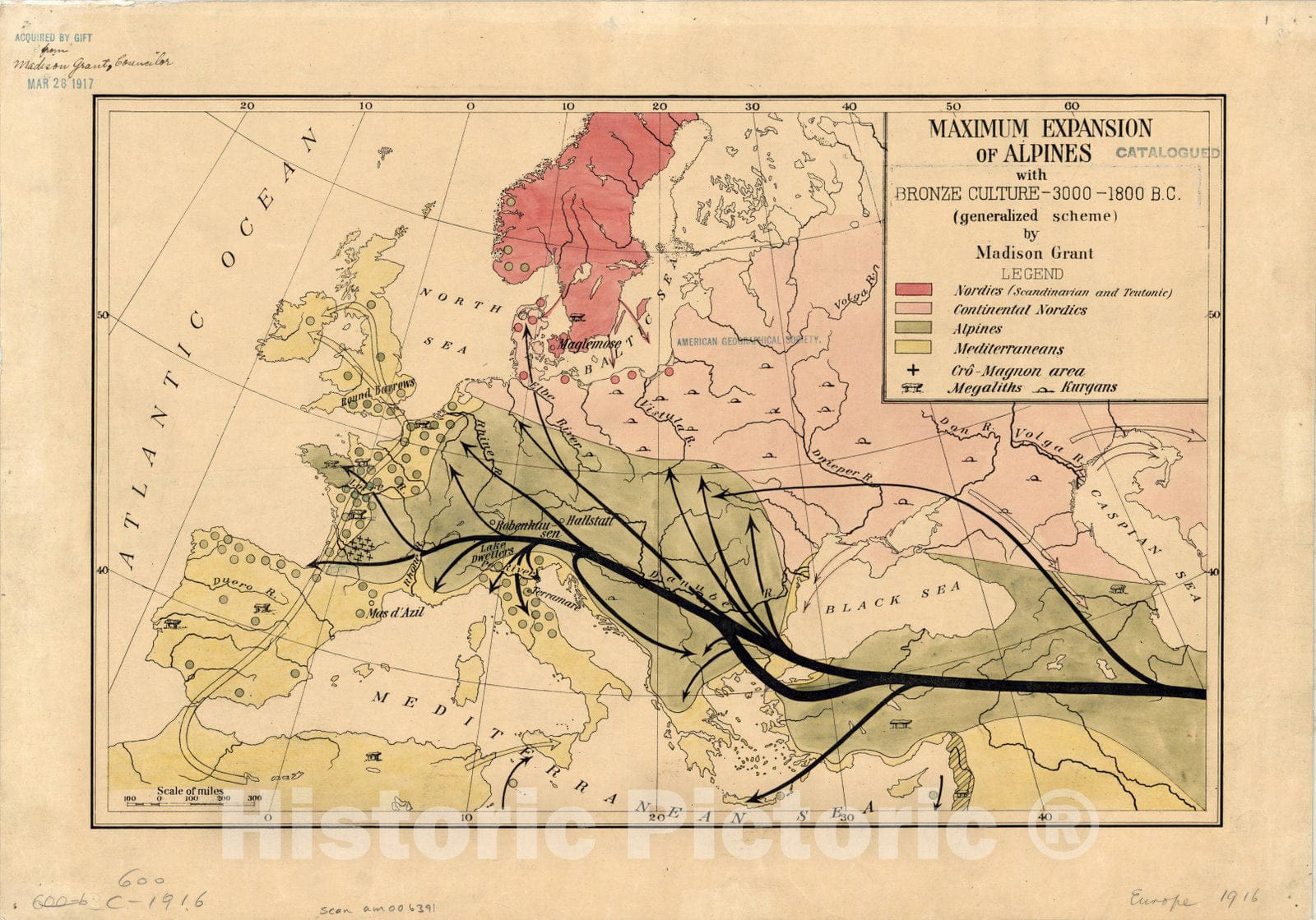 Map : Europe 1916, Maximum expansion of Alpines with Bronze Culture 3000 - 1800 B.C. (generalized scheme) [Europe] , Antique Vintage Reproduction