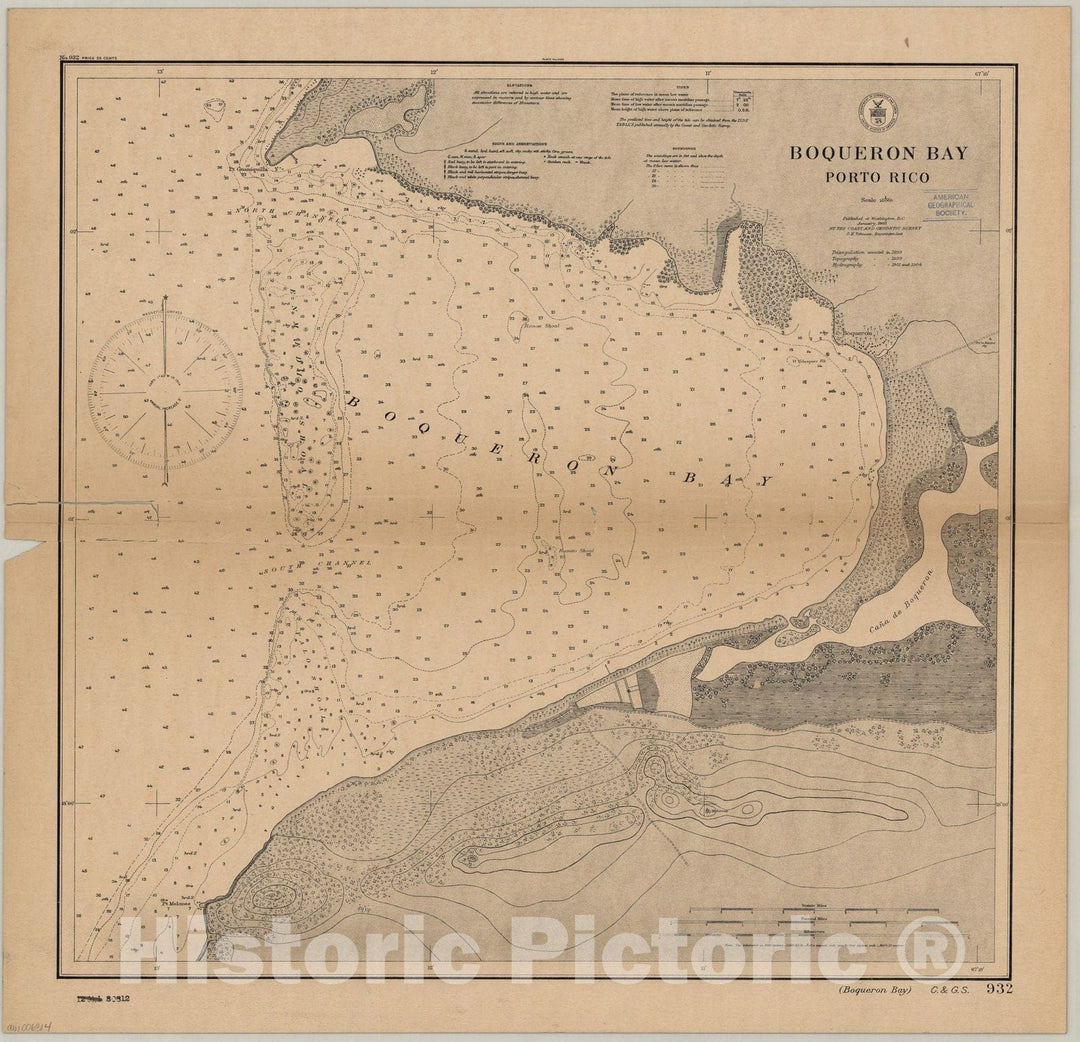 Map : Boqueron Bay, Puerto Rico 1905, Boqueron Bay, Porto Rico , Antique Vintage Reproduction