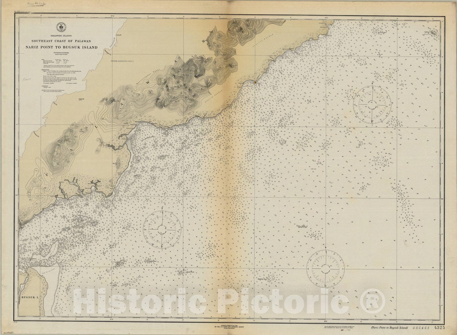 Map : Nariz Point to Bugsuk Island, Philippines 1922, Philippine Islands, southeast coast of Palawan : Nariz Point to Bugsuk Island , Antique Vintage Reproduction