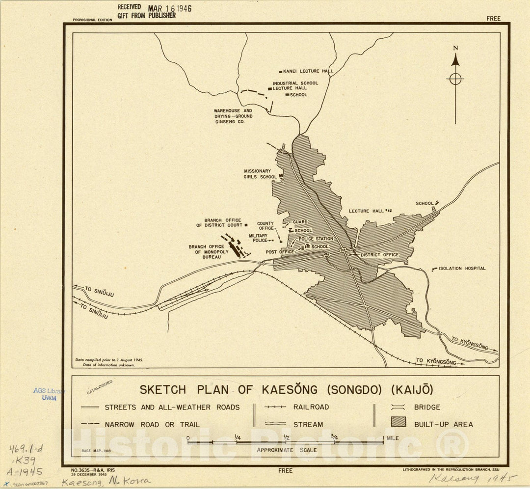 Map : Kaesong, North Korea 1945, Sketch plan of Kaesong (Songdo) (Kaijo), Antique Vintage Reproduction