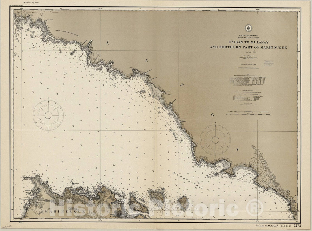 Historic Map : Unisan to Mulanay and northern part of Marinduque, Philippines 1910, Philippine Islands, south coast of Luzon : Unisan to Mulanay and northern part of Marinduque