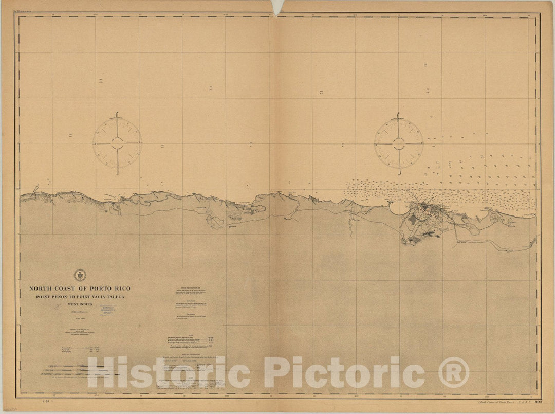 Map : Point Penon to Point Vacia Talega, Puerto Rico 1908, North coast of Porto Rico : Point Penon to Point Vacia Talega, West Indies , Antique Vintage Reproduction