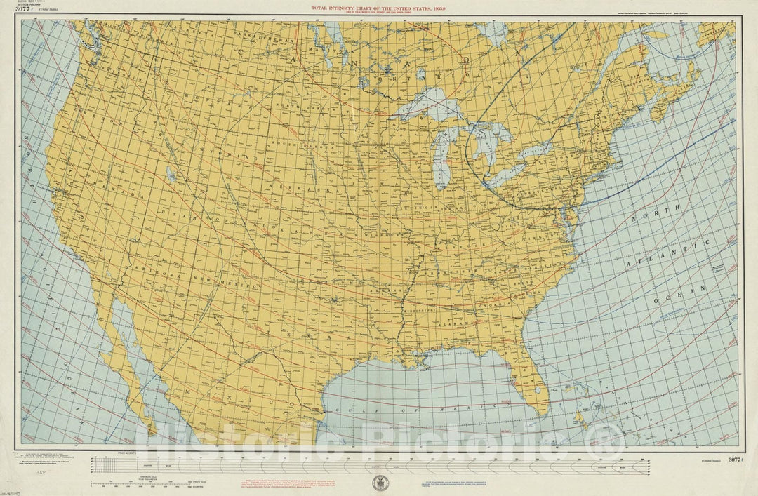 Historic Map : United States 1955, Total intensity chart of the United States, 1955.0 : lines of equal magnetic total intensity and equal annual change , Antique Vintage Reproduction