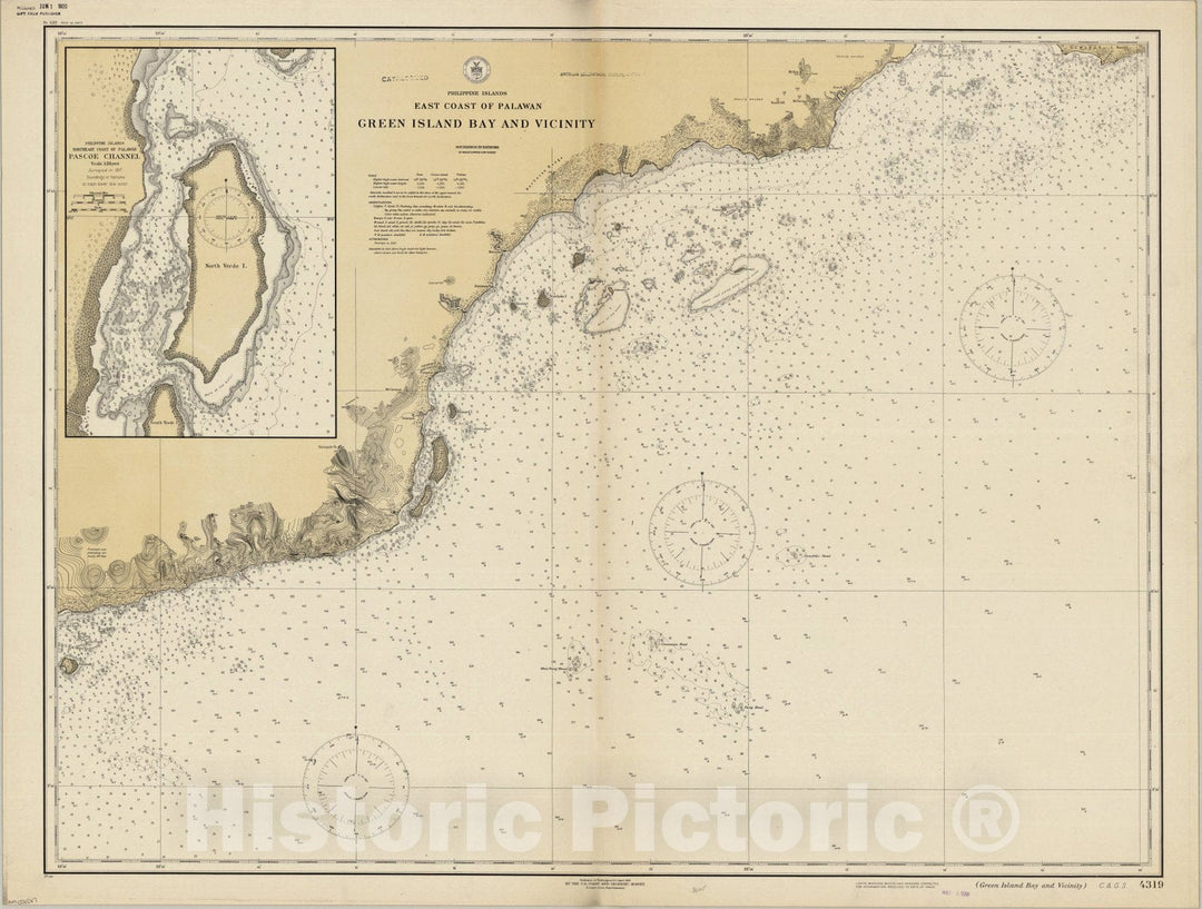 Map : Green Island Bay, Philippines 1920, Philippine Islands, east coast of Palawan : Green Island Bay and vicinity , Antique Vintage Reproduction