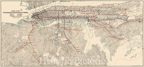 Map : New York city, New York 1917, Routes of the Interborough Rapid Transit Company , Antique Vintage Reproduction