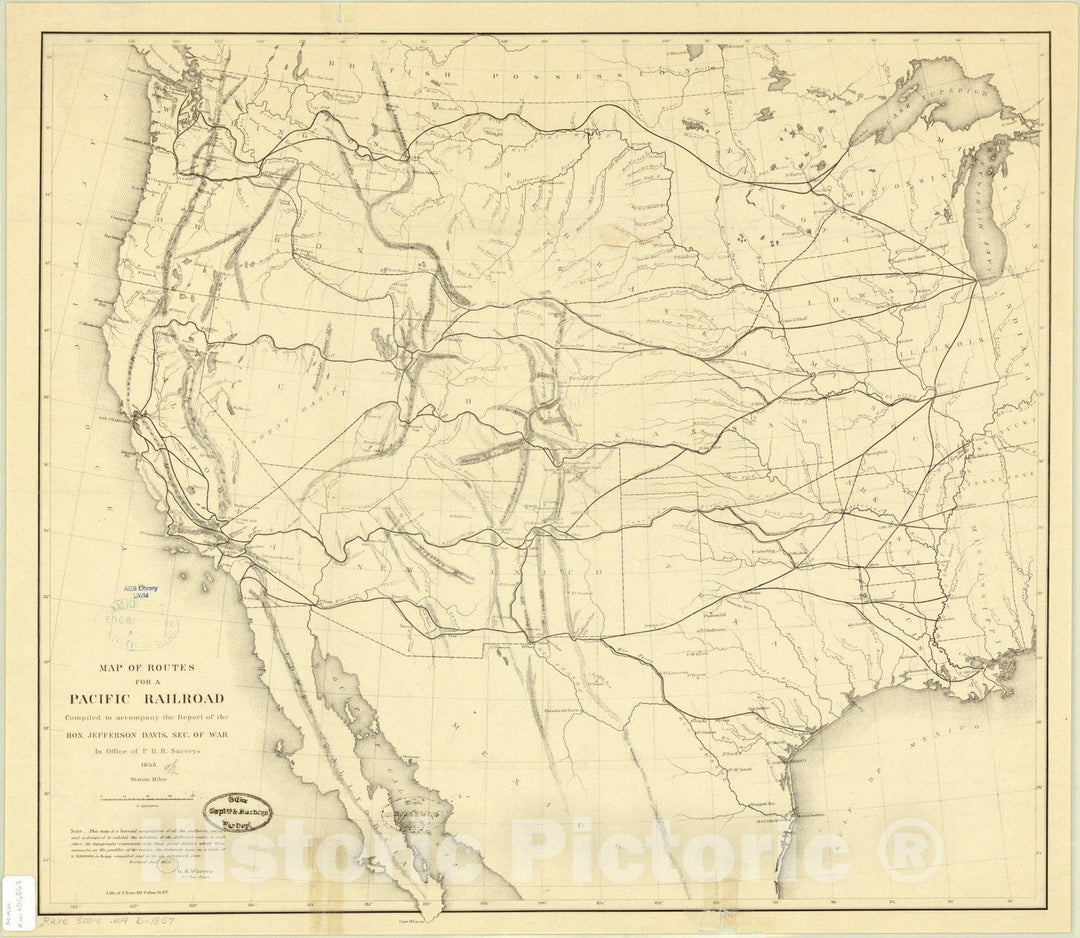 Map : United States 1857, Map of routes for a Pacific railroad : compiled to accompany a report of the Hon. Jefferson Davis, sec. of war , Antique Vintage Reproduction