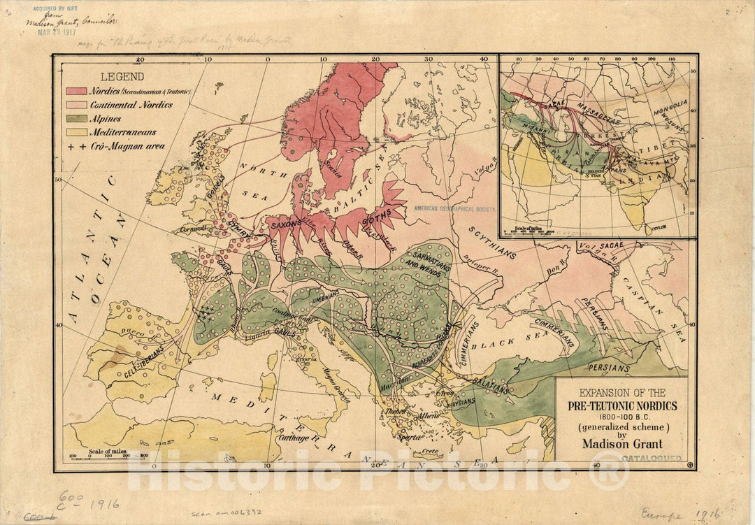 Map : Europe 1916, Expansion of the pre-Teutonic Nordics 1800 - 100 B.C. (generalized scheme) [Europe] , Antique Vintage Reproduction