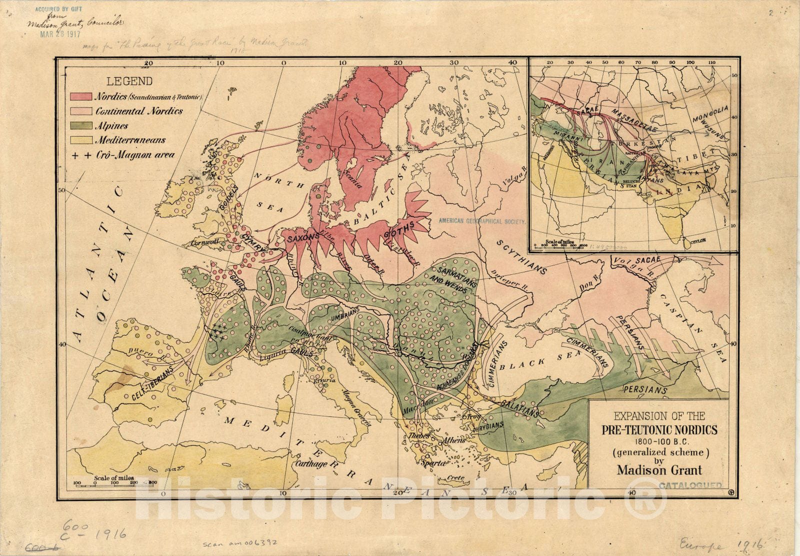 Map : Europe 1916, Expansion of the pre-Teutonic Nordics 1800 - 100 B.C. (generalized scheme) [Europe] , Antique Vintage Reproduction