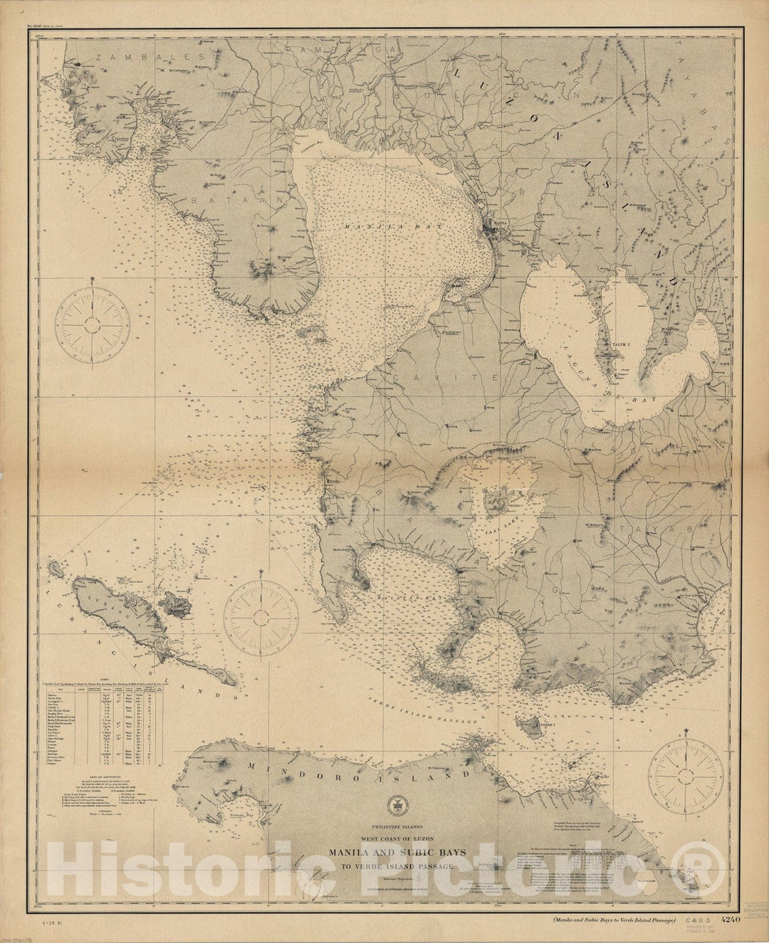 Map : Manila and Subic Bays, Philippines 1907, Philippine Islands, west coast of Luzon : Manila and Subic Bays to Verde Island Passage , Antique Vintage Reproduction