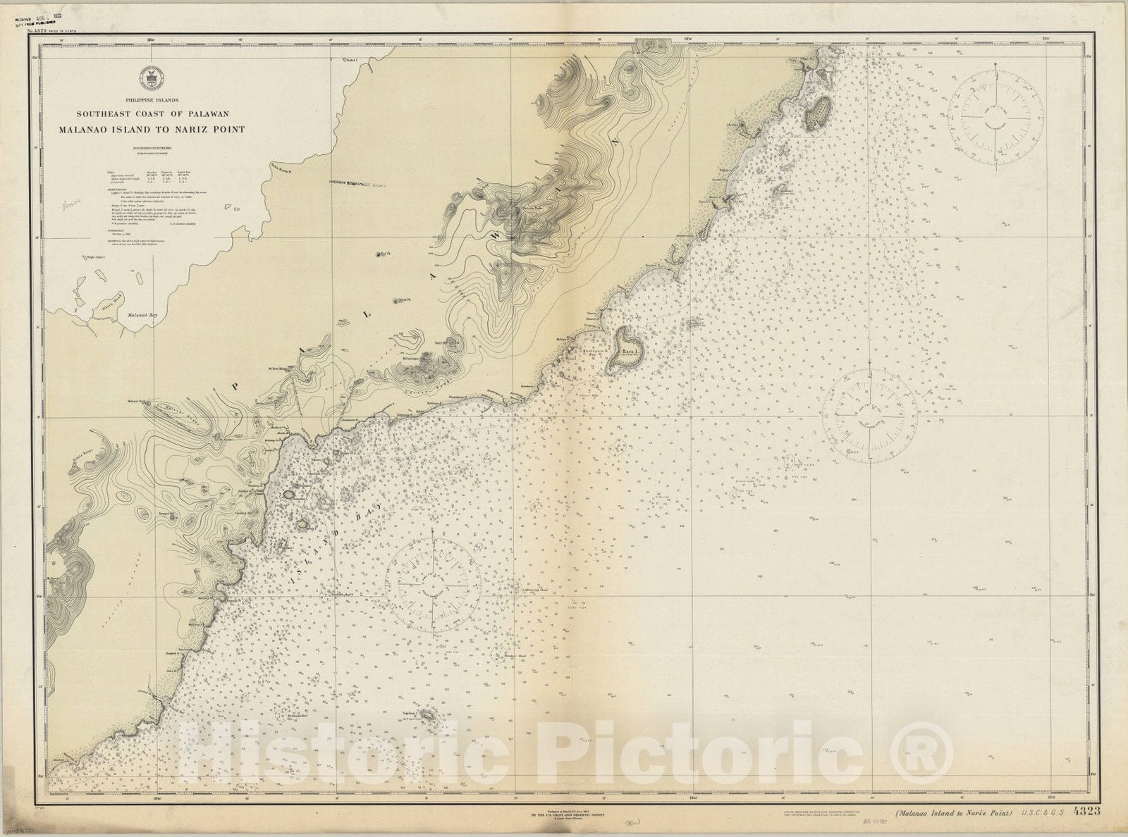 Map : Malanao Island to Nariz Point, Philippines 1922, Philippine Islands, southeast coast of Palawan : Malanao Island to Nariz Point , Antique Vintage Reproduction