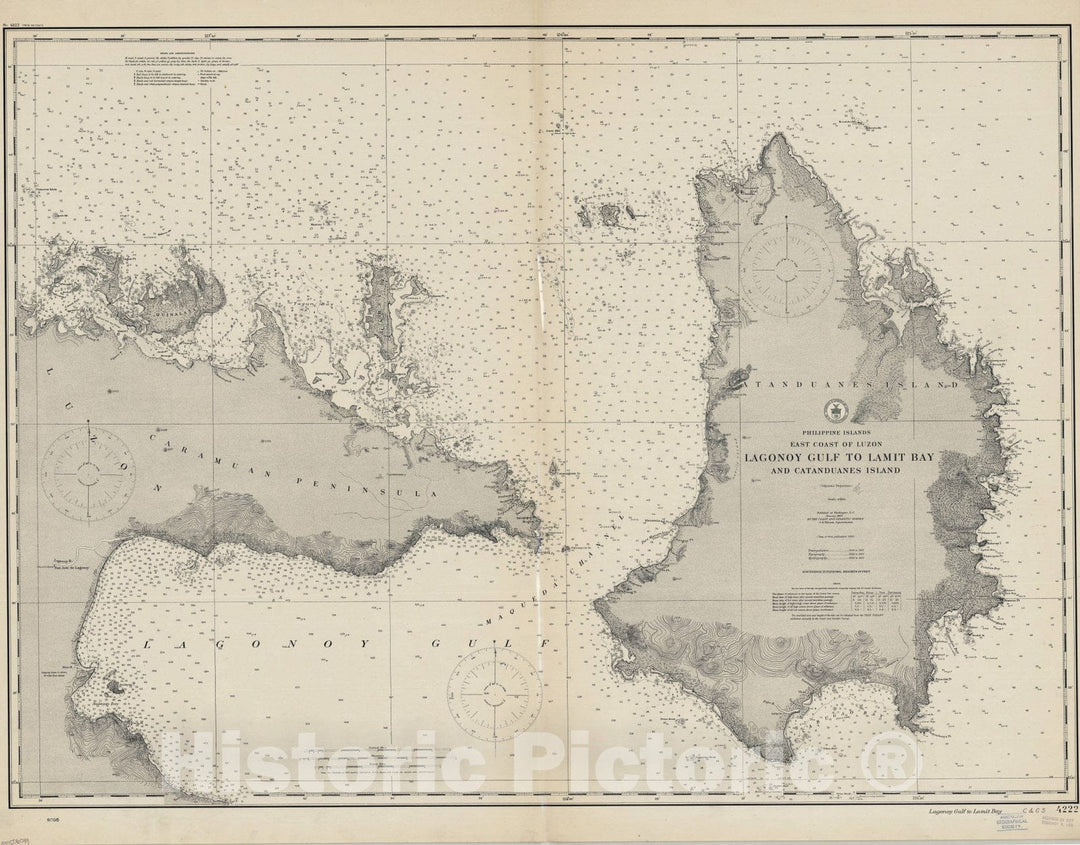 Map : Philippines 1909, Philippine Islands, east coast of Luzon : Lagonoy Gulf to Lamit Bay and Catanduanes Island , Antique Vintage Reproduction