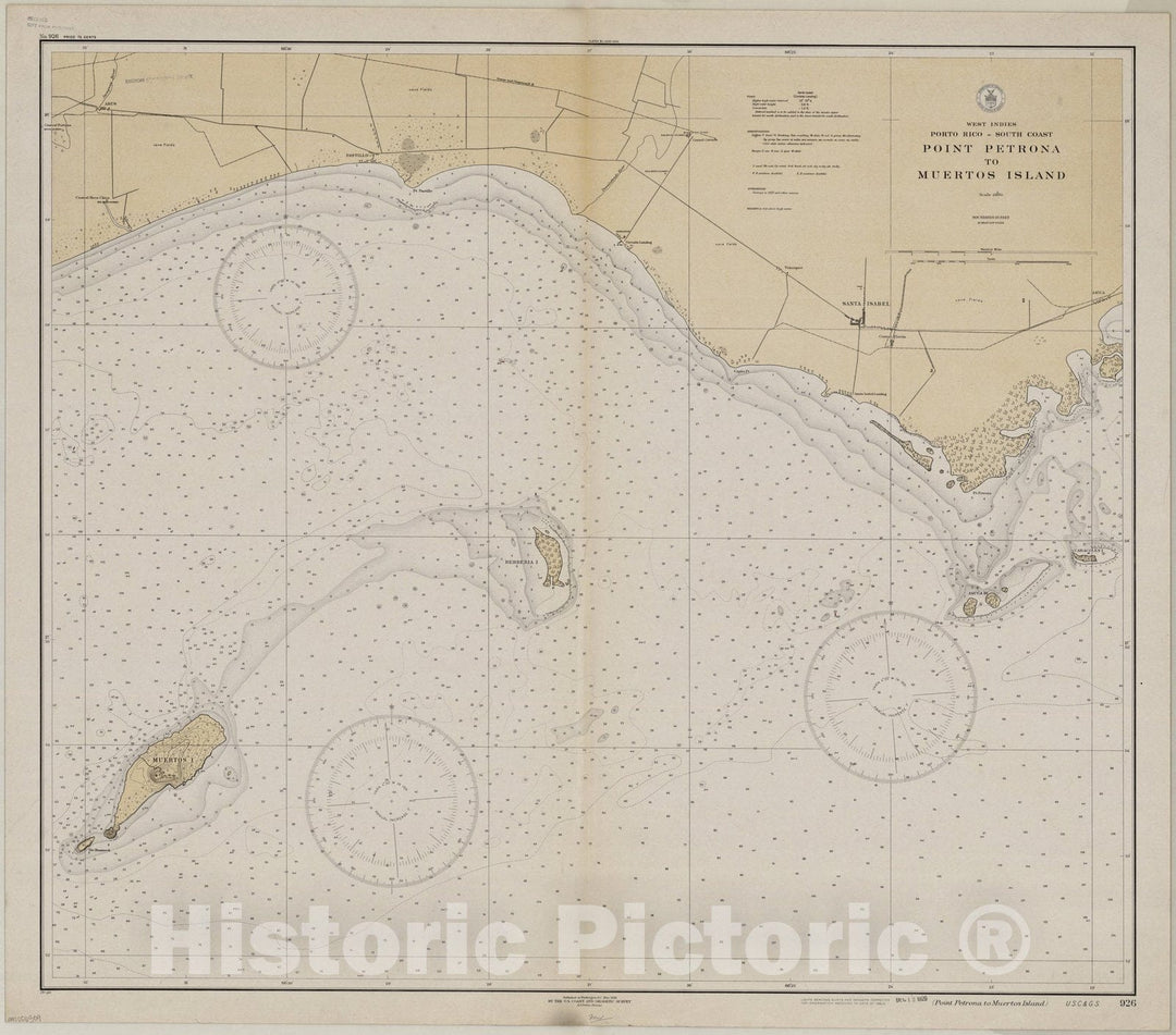 Map : Point Petrona to Muertos Island, Puerto Rico 1929, West Indies, Porto Rico - South Coast : Point Petrona to Muertos Island , Antique Vintage Reproduction