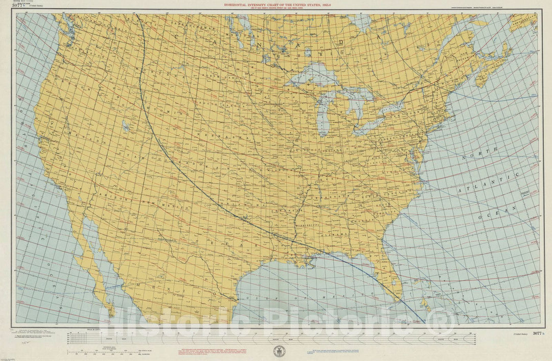 Map : United States 1955, Horizontal intensity chart of the United States, 1955.0 : lines of equal magnetic horizontal intensity and equal annual change