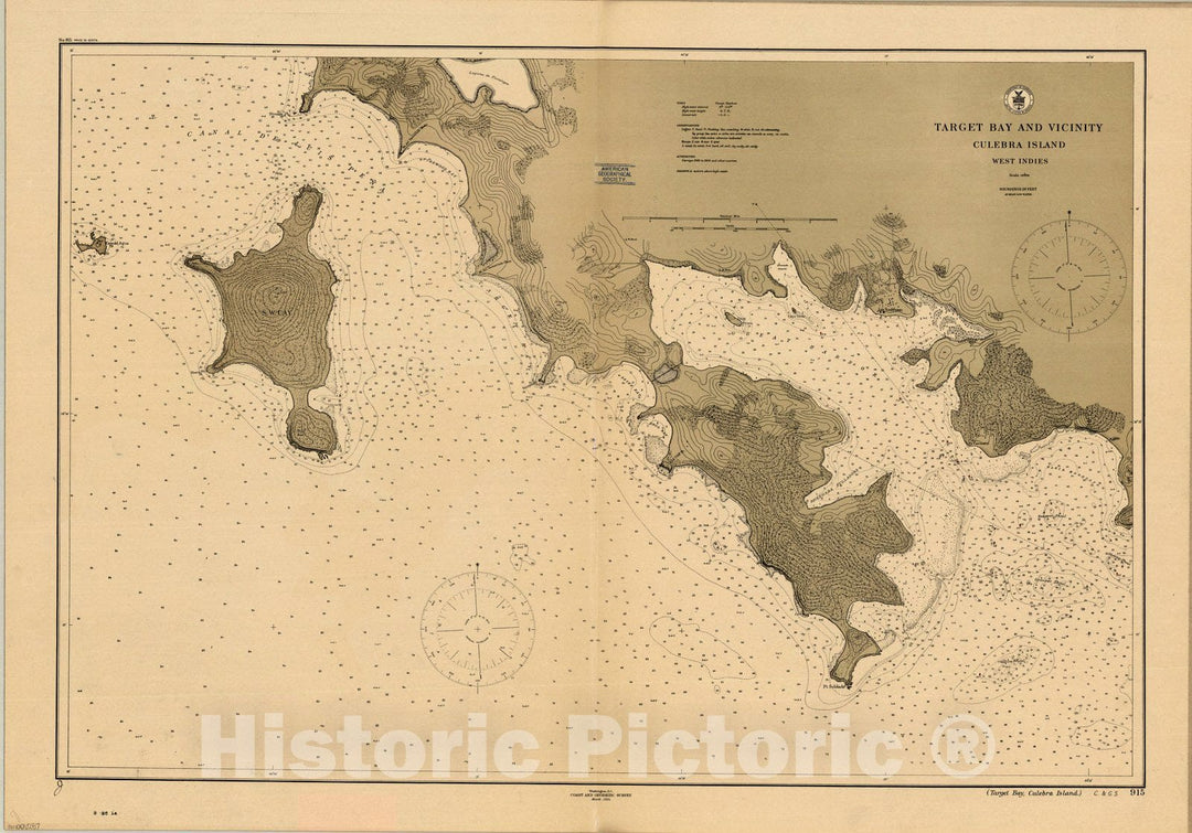 Map : Culebra Island, Puerto Rico 1914, Target Bay and vicinity : Culebra Island, West Indies , Antique Vintage Reproduction