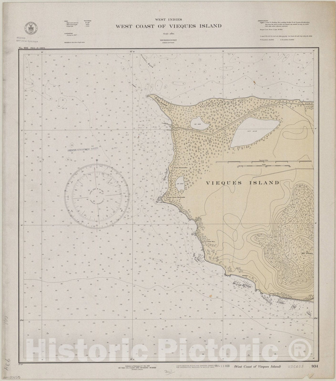 Map : Vieques Island, Puerto Rico 1929, West Indies, west coast of Vieques Island , Antique Vintage Reproduction