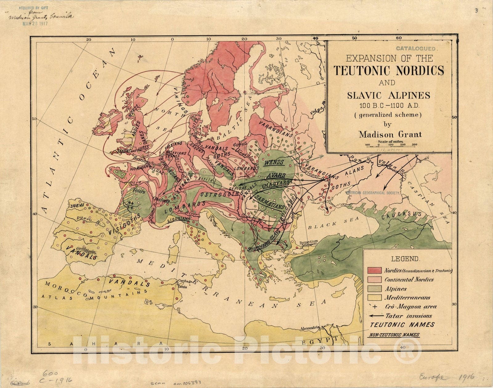 Map : Europe 1916, Expansion of the Teutonic Nordics and Slavic Alpines 100 B.C. - 1100 A.D. (generalized scheme) [Europe] , Antique Vintage Reproduction