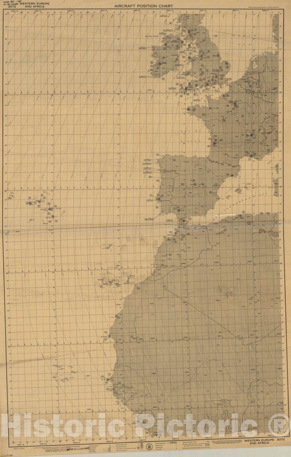 Map : Europe 1946, Aircraft position chart : Western Europe and Africa , Antique Vintage Reproduction